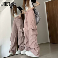 Jretins復古街頭工裝褲女跳舞休閑運動直筒寬松韓版顯瘦闊腿長褲 藕粉色 S 建議75-90斤左右