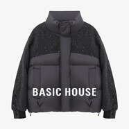 Basic House/百家好立領(lǐng)拼接亮鉆羽絨服冬季小個(gè)子保暖輕薄外套女 灰色 M
