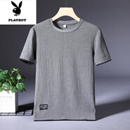 花花公子（PLAYBOY）冰絲亞麻短袖T恤男夏季薄款寬松休閑運(yùn)動(dòng)體恤棉麻純色簡(jiǎn)約上衣服 098灰色 3XL 165-185斤