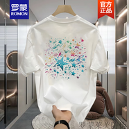 羅蒙（ROMON）2025夏季美式潮流t恤體恤男女情侶款星星印花寬松短袖百搭上衣潮 白色【前小后大圖K1019 彩色繁星 M 建議100-120斤