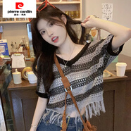 皮爾卡丹（pierre cardin）夏季短針織衫女設計感鏤空條紋流蘇辣妹上衣寬松v領(lǐng)短袖罩衫 圖片色條紋款 M 建議85-95斤