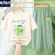 班納班納女童短袖套裝純棉白色t恤上衣2025新款女孩冰絲防蚊褲兒童夏裝 N兔樂多米白+NlemK灰綠褲 160