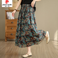 皮爾卡丹（pierre cardin）復古文藝碎花高腰中長(cháng)裙女裝寬松顯瘦飄逸氣質(zhì)棉麻大擺半身裙 藍花 M 【建議95-115斤】