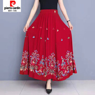 皮爾卡丹（pierre cardin）刺繡民族風(fēng)半身裙中長(cháng)款繡花廣場(chǎng)舞大擺裙大碼長(cháng)裙子半身裙子 紅色 90cm 1.8/1.9尺 S