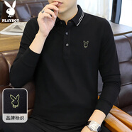花花公子（PLAYBOY）T恤男長袖春夏季男士polo打底衫寬松潮流上衣服休閑男裝 黑色 XL