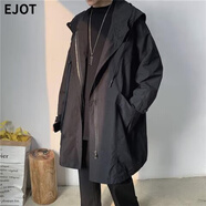 EJOT韓版披風衣男中長款春秋季大衣服連帽潮流帥氣潮牌學生斗篷外套男 黑色 2XL