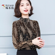 啄木鳥(niǎo)打底衫女2025秋冬季長(zhǎng)袖上衣女網(wǎng)紗加絨內(nèi)搭中年女裝半高領(lǐng)T恤女 金色 L