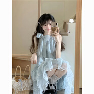 葉余無(wú)袖海邊度假藍色蝴蝶結花邊掛脖吊帶多巴胺連衣裙 主圖款 S 【關(guān)注店鋪配小禮物】