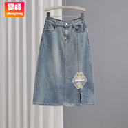 賞峰2025夏季新款高腰牛仔裙女中國風(fēng)刺繡半身裙顯瘦百搭中長a字裙子 主圖款 S 80-95斤