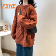 FSHE加厚保暖麻花套頭中長款大版毛衣女2025秋冬新款學(xué)院風(fēng)寬松針織衫 磚紅色[大版型] 加厚 L 建議105-120斤
