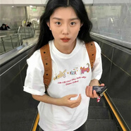 文頗100%純棉ins夏季短袖t恤新款爆款卡通設(shè)計(jì)感美式半袖寬松上衣男女 260克-白 S 建議85-95斤