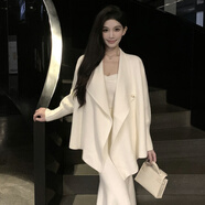 云拿月法式感氣質(zhì)翻領(lǐng)針織開衫女秋冬新款溫柔慵懶風(fēng)中長(zhǎng)款毛衣外套 米白色 短款仿版無腰帶 薄款 均碼 80-145斤