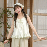 森女部落原創(chuàng  )新中式棉麻寬松闊腿褲流蘇蕾絲拼接高腰休閑褲新款女 背心（單件） （單件） S （單件）