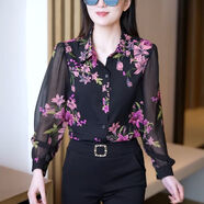 矜持范春夏女士印花襯衫女上衣氣質(zhì)襯衣長(cháng)袖時(shí)尚雪紡衫碎花百搭洋氣小衫 桃花[單上衣] XL