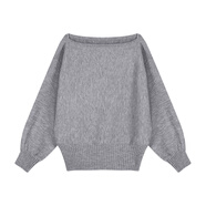 愛(ài)依服粉色一字肩蝙蝠袖毛衣女秋冬季長(cháng)袖斜肩針織衫寬松慵懶風(fēng)露肩上衣 灰色 均碼