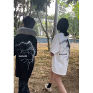 文頗100%純棉國潮美式復古閃電印花短袖t恤男女夏季潮牌高街重磅體恤 260克-白 S 建議85-95斤