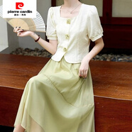 皮爾卡丹（pierre cardin）法式小香風(fēng)連衣裙女夏季2025新款高腰顯瘦兩件套搭配減齡套裝裙 杏色上衣+綠色裙子(兩件套) M 95-105斤