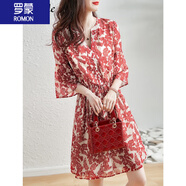 羅蒙（ROMON）女裝碎花連衣裙女2025年夏季新款V領(lǐng)七分袖印花微透休閑寬松裙子 大紅 M 100斤以內(nèi)