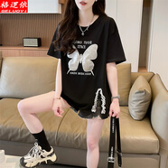 格邏依（GELUOYI）蕾絲拼接短袖t恤女2025夏季新款寬松港味設(shè)計(jì)感不規(guī)則小個(gè)子女裝 黑色 XL 【130-155斤】