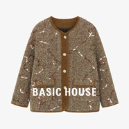 Basic House/百家好復古提花毛毛拼接羽絨服圓領(lǐng)加厚外套冬季保暖 咖色 XL