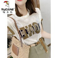 啄木鳥(niǎo)（TUCANO）竹節棉棉T恤女時(shí)尚字母印花2025夏新款小衫簡(jiǎn)約洋氣短袖上衣 白色T恤 XL 建議110-125斤