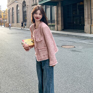 VOYDOVE粉色今年粗花呢外套女小個子2025春秋新款法式氣質(zhì)小香風上衣 粉紅色【z】 L 120-135斤