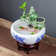景德鎮(zhèn)陶瓷魚缸流水噴泉家用小金魚缸大號養(yǎng)魚盆客廳加濕裝飾造景 青花山水+流水器+送6 41x41x17cm