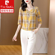 皮爾卡丹（pierre cardin）小個(gè)子短款上衣娃娃領(lǐng)格子七分袖棉麻襯衣女2025年夏季格紋襯衫 黃色 M 95斤以內(nèi)