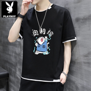 花花公子（PLAYBOY）夏季新款五分袖T恤短袖男潮牌韓版潮流體恤港風百搭寬松5分上衣服 新款-奧利給黑 M