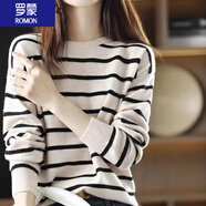 羅蒙（ROMON）針織衫女秋季新款2025年韓版套頭圓領(lǐng)休閑條紋毛衣長(cháng)袖針織打底衫 米白色 XL