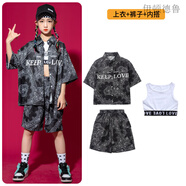 伊頓德魯（ETONDREW）六一兒童街舞演出服腰果花少兒潮牌襯衣女童爵士舞服男童嘻哈套裝 720黑短袖+722黑短褲+1940白背心 110cm