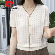 皮爾卡丹（pierre cardin）2025短袖女士新款夏季V領(lǐng)針織衫上衣寬松t恤薄款冰絲打底衫 米白今年流行的輕奢品牌 2XL 120-130斤穿
