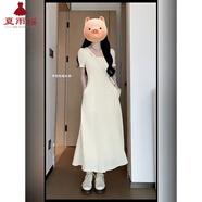 夏雨瑤赫本風(fēng)連衣裙女黑色方領(lǐng)短袖2026夏季法式高級感收腰顯瘦a字裙子A 杏色長(cháng)裙 【溫柔風(fēng)/清新簡(jiǎn)約遮肉】 M （建議95-105斤）