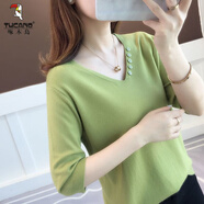 啄木鳥七分袖V領(lǐng)針織t恤女春夏款學(xué)院風(fēng)寬松毛衣空調(diào)衫套頭中袖薄款上衣 淺綠色 2XL (建議120-135斤)
