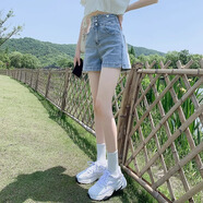 凌卡戚白色超高腰牛仔短褲女顯瘦遮肚子排扣辣妹休閑褲子潮ins 藍色XX S 建議85-斤