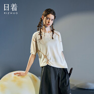 日著原創(chuàng)純棉針織短袖T恤女2025秋新款嵌花圓領(lǐng)不對稱洋氣上衣女 明月白 M