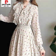 皮爾卡丹（pierre cardin）淺色碎花韓國(guó)中長(zhǎng)款連衣裙2025秋新款女洋氣搭超仙顯瘦法式長(zhǎng)裙 8254白底紅花 2XL