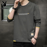 花花公子（PLAYBOY）純棉長(cháng)袖T恤男士衛衣男大碼春秋季裝薄款假兩件寬松上衣服打底衫 42深灰 L