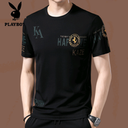 花花公子（PLAYBOY）品牌2025夏季新款冰絲短袖t恤男圓領(lǐng)潮印花半袖體恤打底衫薄 113黑色 XL 175建議140-160斤