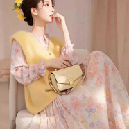 納琳雅Nalinya2025春季一整套裝新款溫柔風(fēng)淑女風(fēng)馬甲搭時尚碎花連衣裙 黃色馬甲+碎花連衣裙 兩件套 L 建議100-120斤