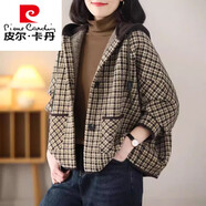 皮爾卡丹小香風(fēng)短款格子毛呢外套女春秋2025新款加厚寬松流蘇開(kāi)衫潮 連帽咖色 M 90-110斤