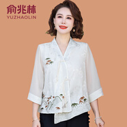 俞兆林新中式襯衫外套春夏新款媽媽唐裝中袖女上衣七分袖國風小衫 白色 XL (參考90-105斤)