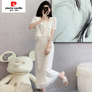 皮爾卡丹（pierre cardin）2025夏季新款時尚套裝女氣質小香風蕾絲短袖上衣流蘇半身裙兩件 杏色 (版) XL 建議115-125斤