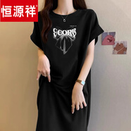 恒源祥小飛袖純棉T恤裙女2025新款寬松休閑連衣裙下擺開(kāi)叉長(cháng)裙夏季 黑色(白-字母發(fā)夾) M 85-105斤