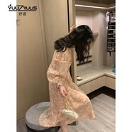妤遇（YUUZYUUS）碎花連衣裙女2024春夏新款溫柔收腰顯瘦法式高腰中長款裙子女 杏色碎花裙 M