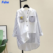 FSHE拼接條紋白色襯衫女2025春季新款韓版寬松中長(cháng)款襯衣休閑上衣外套 白色條紋 XL _115-128斤