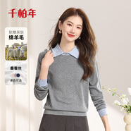 千柏年25年秋冬新品桑蠶絲針織衫女襯衫領(lǐng)假兩件撞色套頭毛衣灰色M