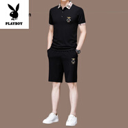 花花公子（PLAYBOY）高檔夏季桑蠶絲短袖套裝男士高端男士休閑運(yùn)動(dòng)百搭套裝男裝三件套 黑色【上衣短褲】 M 165【適合體重90-120斤】