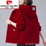 皮爾卡丹（pierre cardin）中年媽媽裝連帽短外套女春秋新款休閑大碼寬松洋氣減齡夾克 酒紅色 XL 125-135斤
