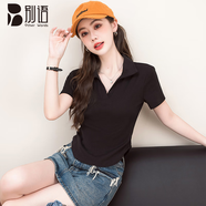 別語polo領(lǐng)短袖t恤女夏季新款設(shè)計(jì)感小眾別致翻領(lǐng)正肩上衣 黑色 XL